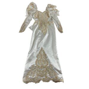 Vintage 90's Demetrios Beaded Puff Sleeve Wedding Dress W/Detachable Train - 0